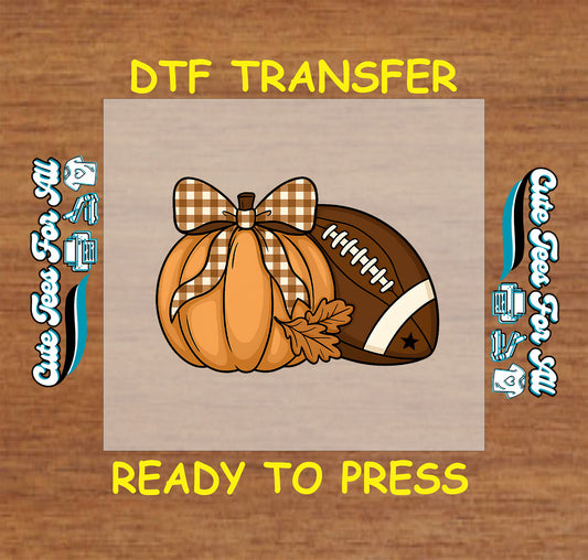 Fall pumpkin with gingham bow, football, and autumn leaves ready to press dtf transfer for DIY shirts