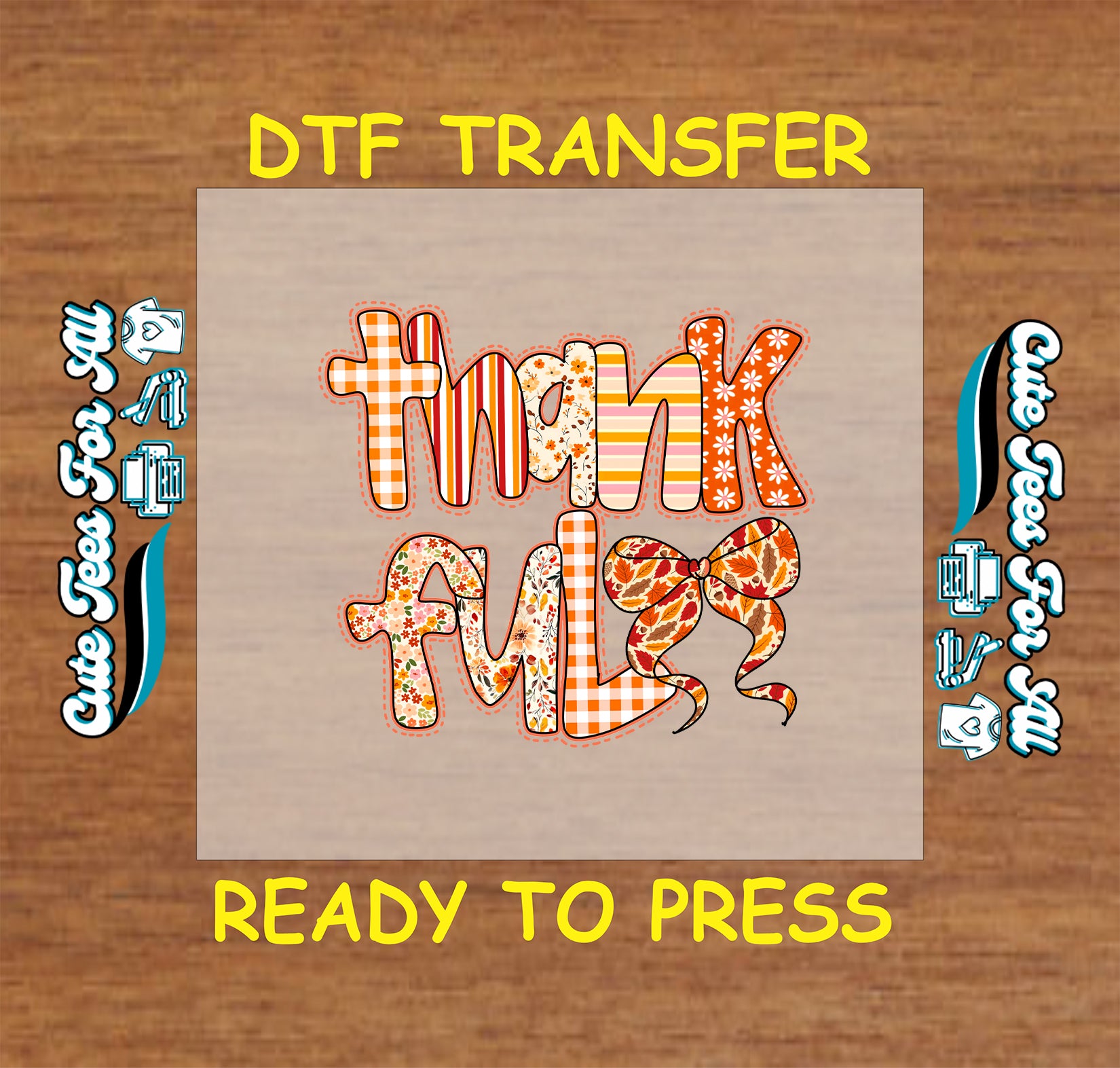 thankful thanksgiving patchwork floral gingham bow dtf transfer ready to press iron on heat transfer for diy shirts