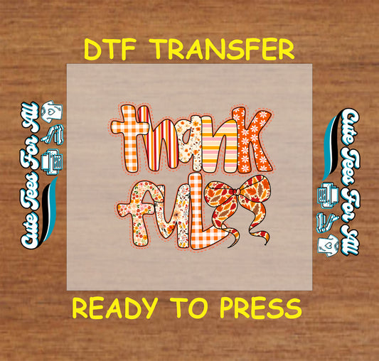 thankful thanksgiving patchwork floral gingham bow dtf transfer ready to press iron on heat transfer for diy shirts