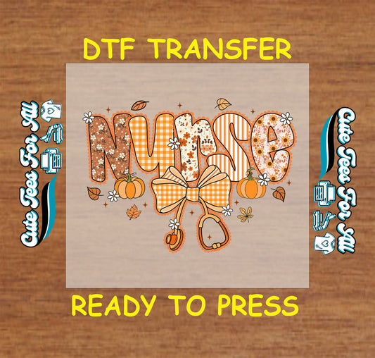 Fall nurse ready to press dtf transfer with orange gingham bow, pumpkins, daisies, and stethoscope for DIY shirts