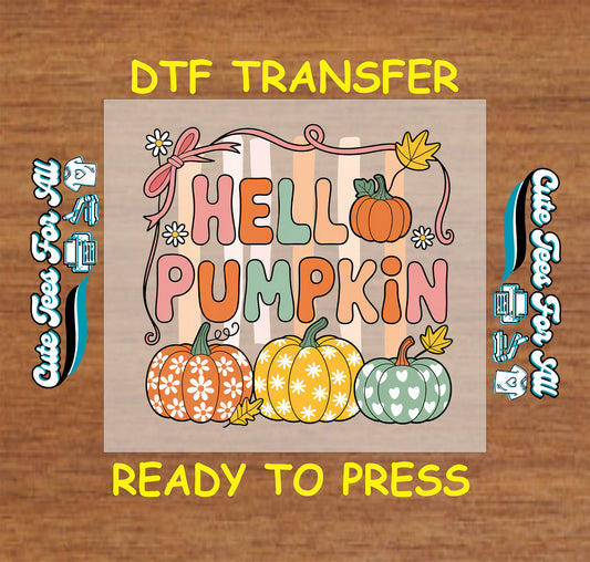 Hello Pumpkin text with patterned pumpkins ready to press dtf transfer for DIY shirts