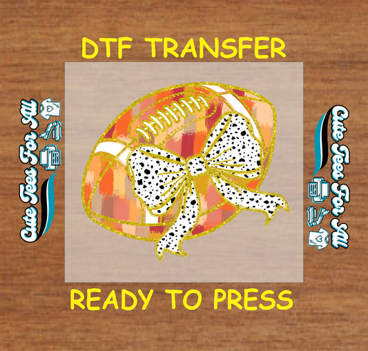 Football with gold glitter plaid pattern and polka dot bow ready to press dtf transfer for DIY shirts