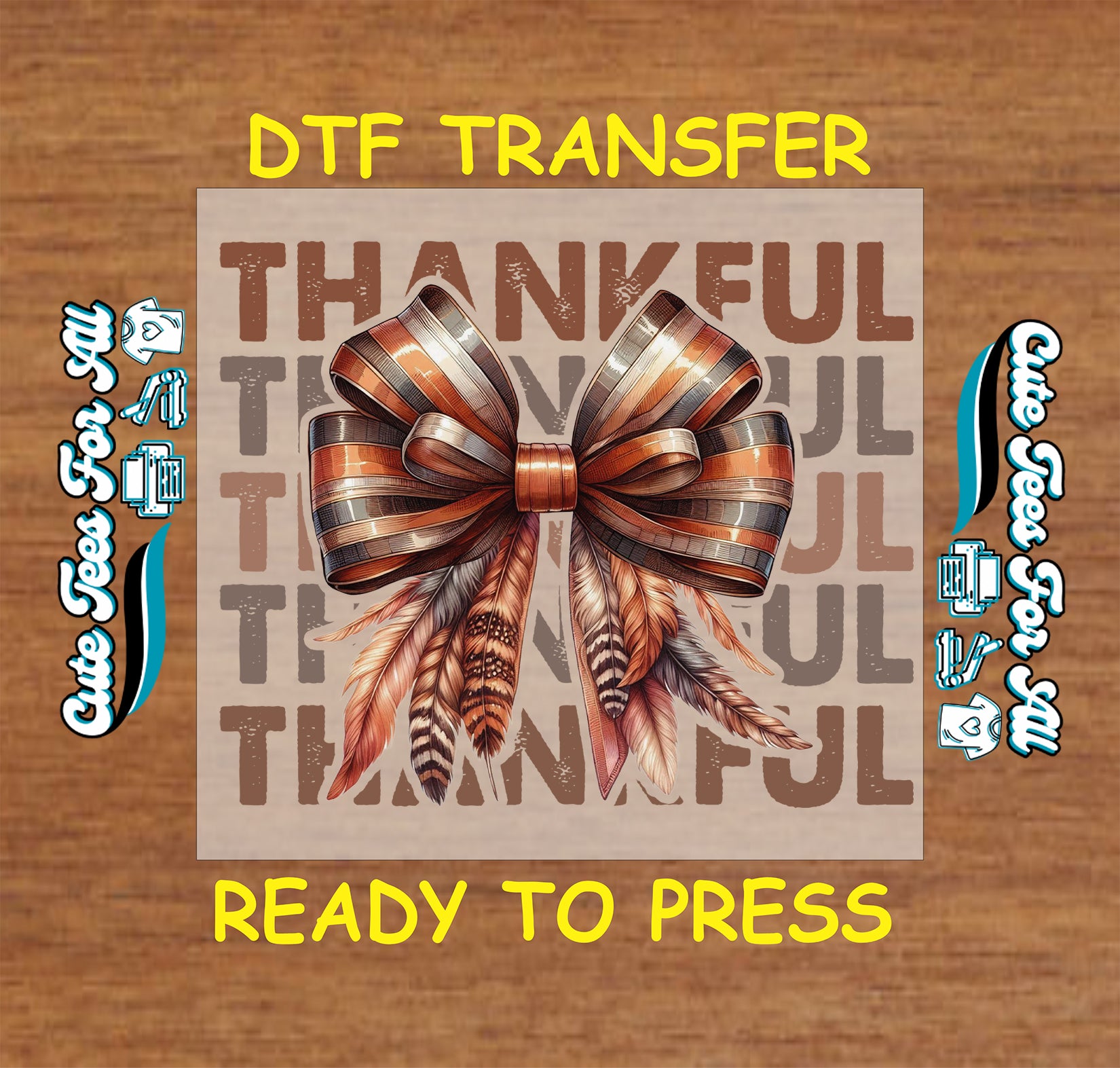 Thanksgiving thankful bow with feathers ready to press DTF transfer for DIY shirts 11419