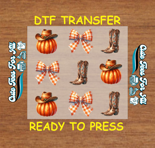 Fall pumpkin cowboy hat boots plaid bows ready to press DTF transfer for DIY shirts