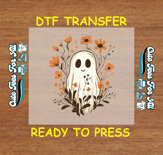 Halloween smiling ghost with orange flowers ready to press DTF transfer for DIY shirts