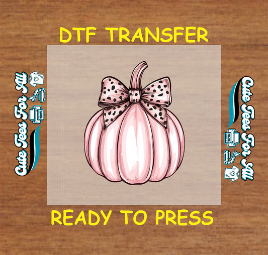 Fall pink pumpkin with polka dot bow ready to press DTF transfer for DIY shirts
