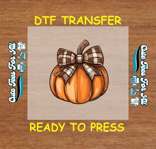 Fall pumpkin with plaid bow ready to press DTF transfer for DIY shirts