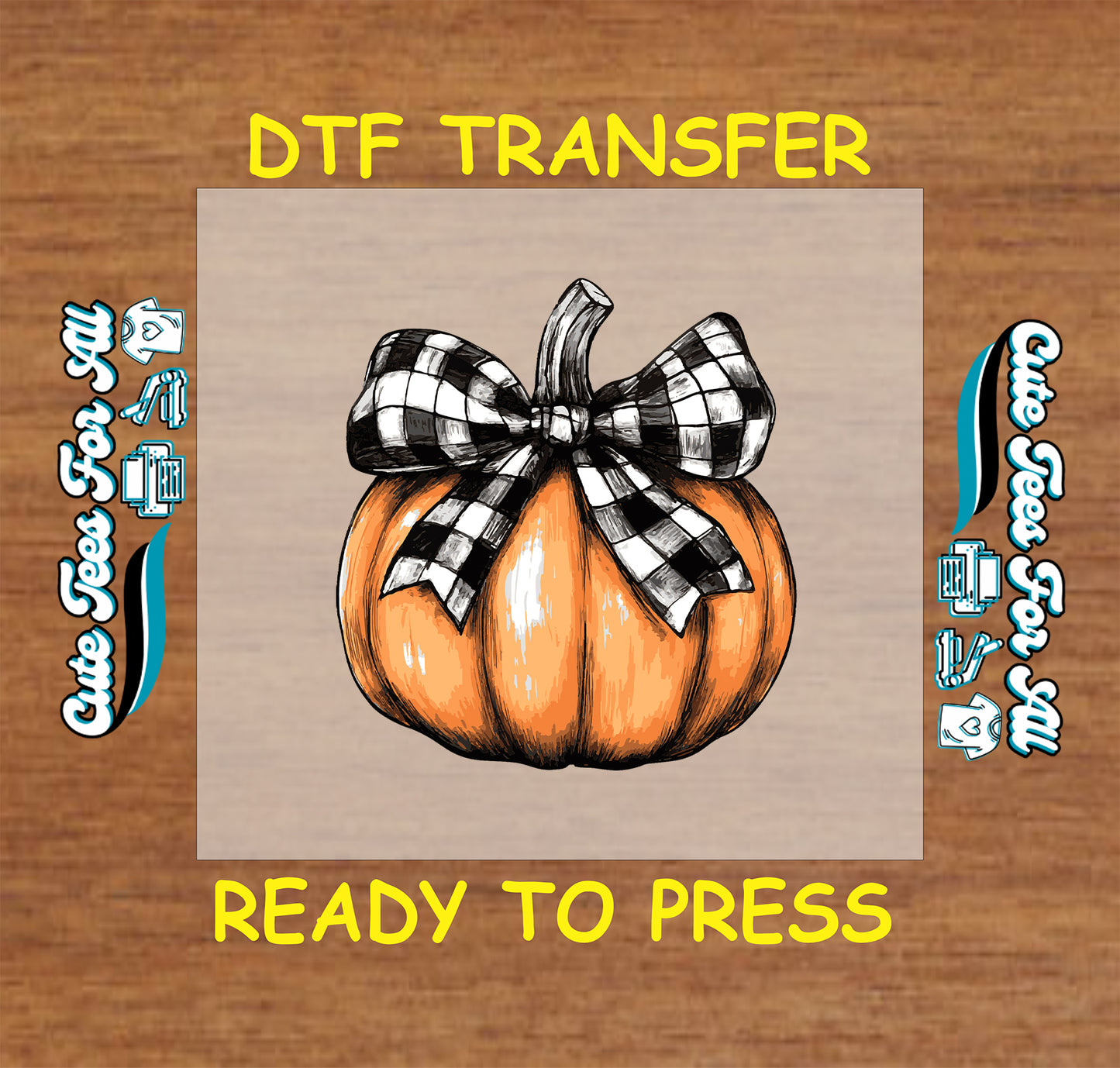 Fall pumpkin with black and white buffalo check bow ready to press DTF transfer for DIY shirts