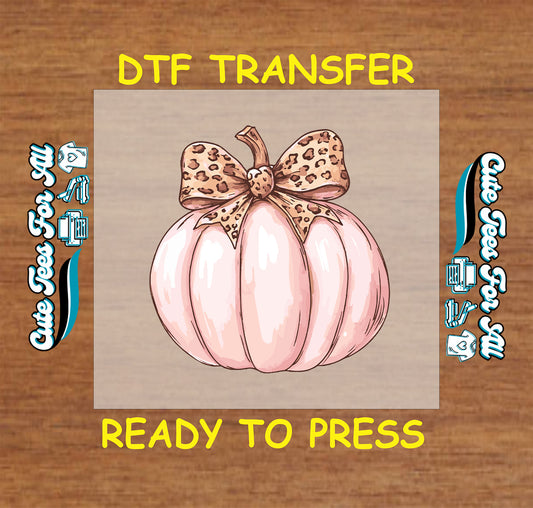 Fall pink pumpkin with leopard print bow ready to press DTF transfer for DIY shirts