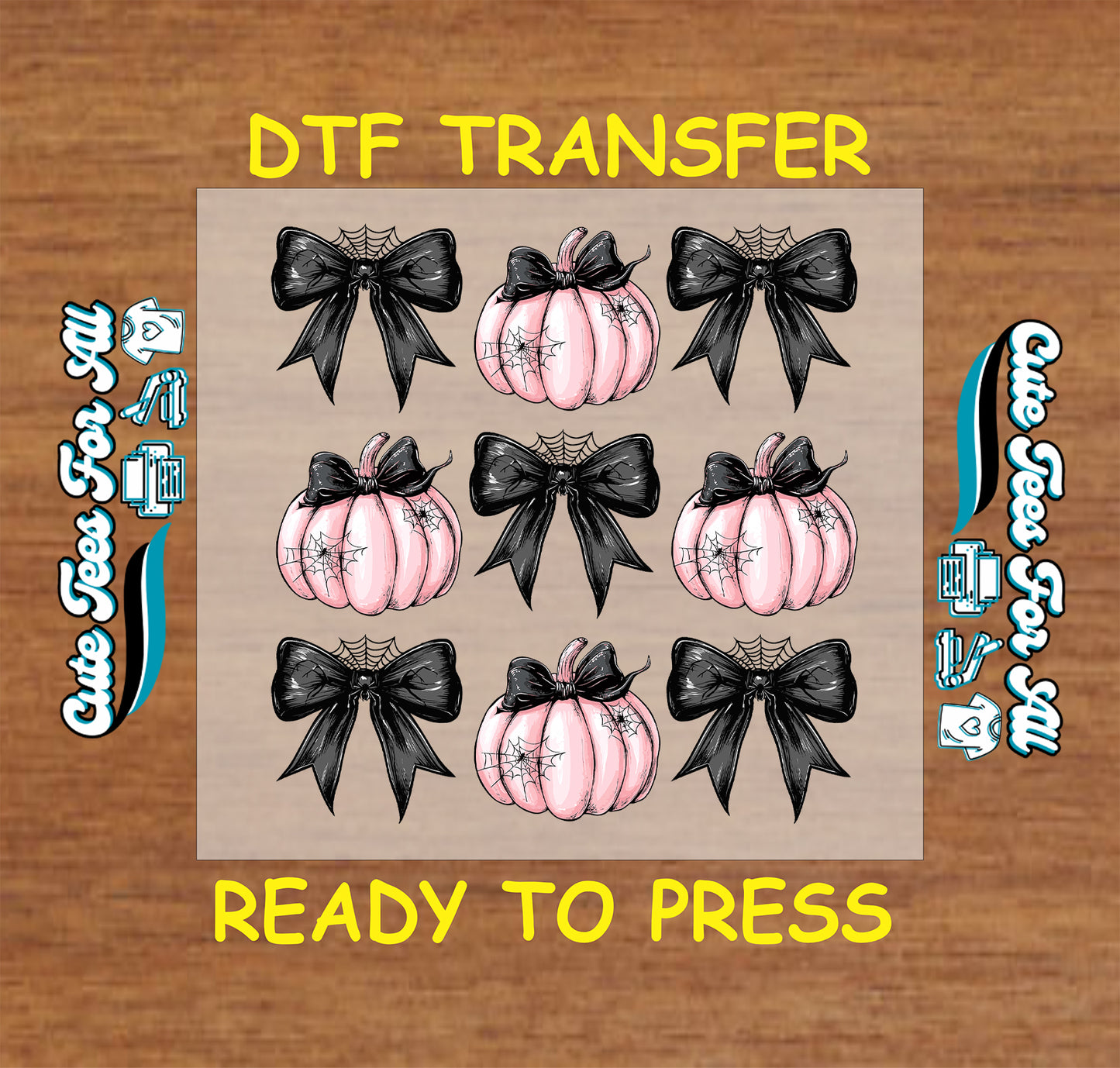 Halloween pink pumpkins with black bows and spider webs ready to press DTF transfer for DIY shirts