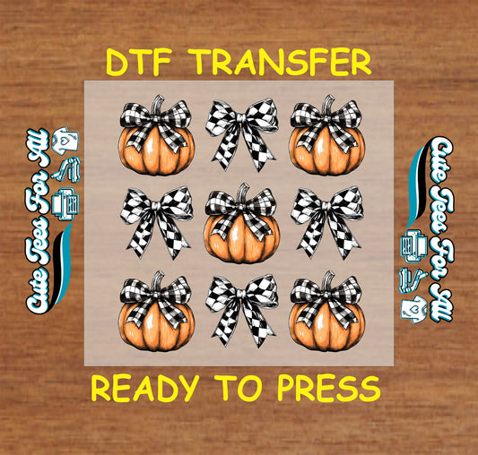 Fall pumpkins with black and white buffalo check bows ready to press DTF transfer for DIY shirts