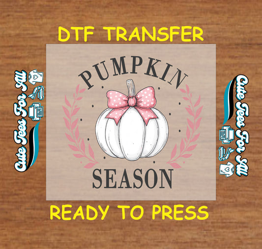 Fall pumpkin season white pumpkin with pink bow ready to press DTF transfer for DIY shirts