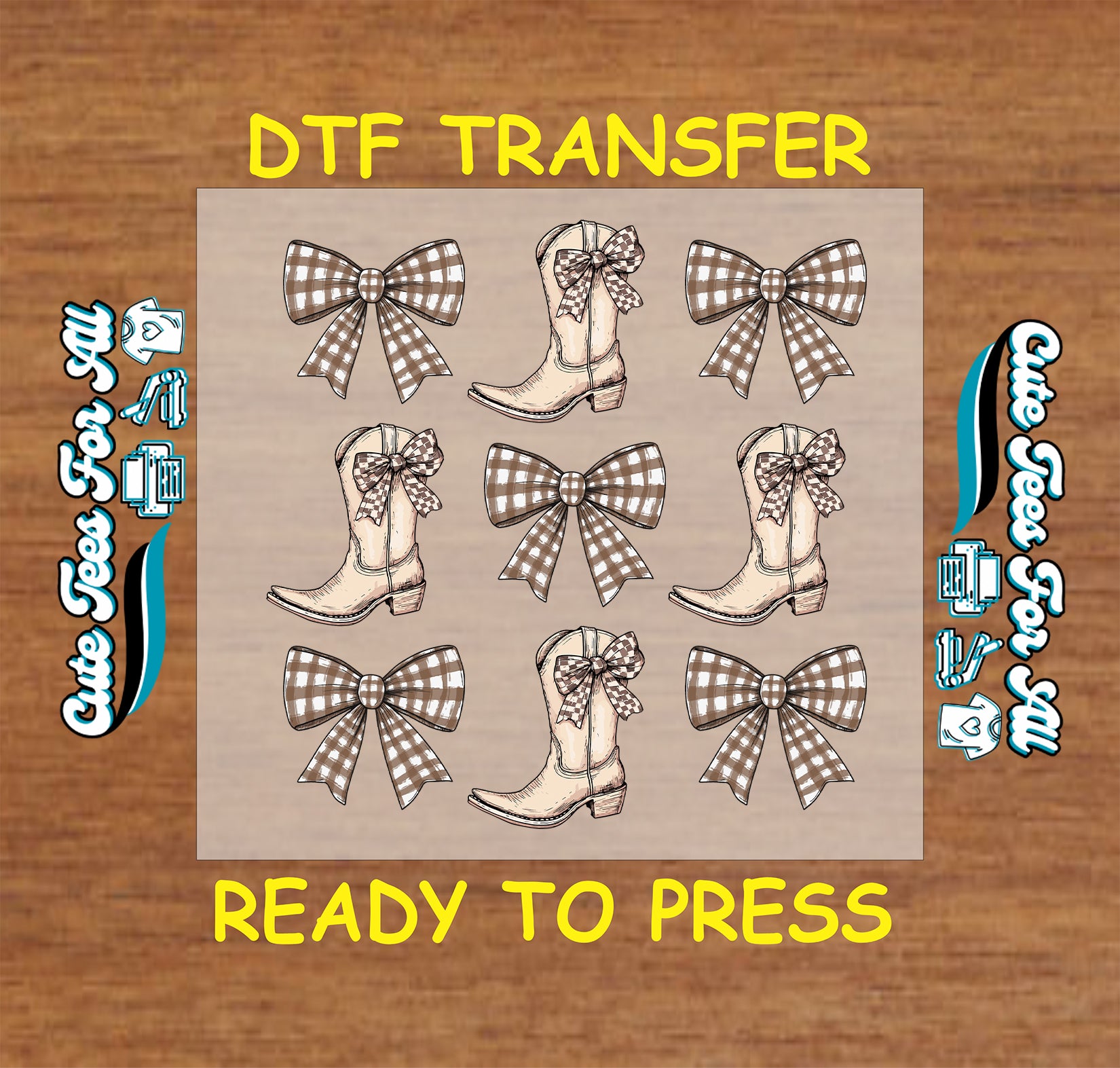 Western cowboy boots with brown gingham bows ready to press DTF transfer for DIY shirts