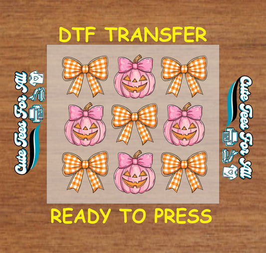 Pink pumpkin with bow and orange gingham ribbon Halloween ready to press DTF transfer for DIY shirts