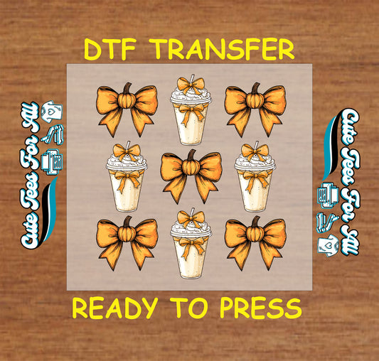 Pumpkin spice latte with whipped cream and orange bows fall ready to press DTF transfer for DIY shirts
