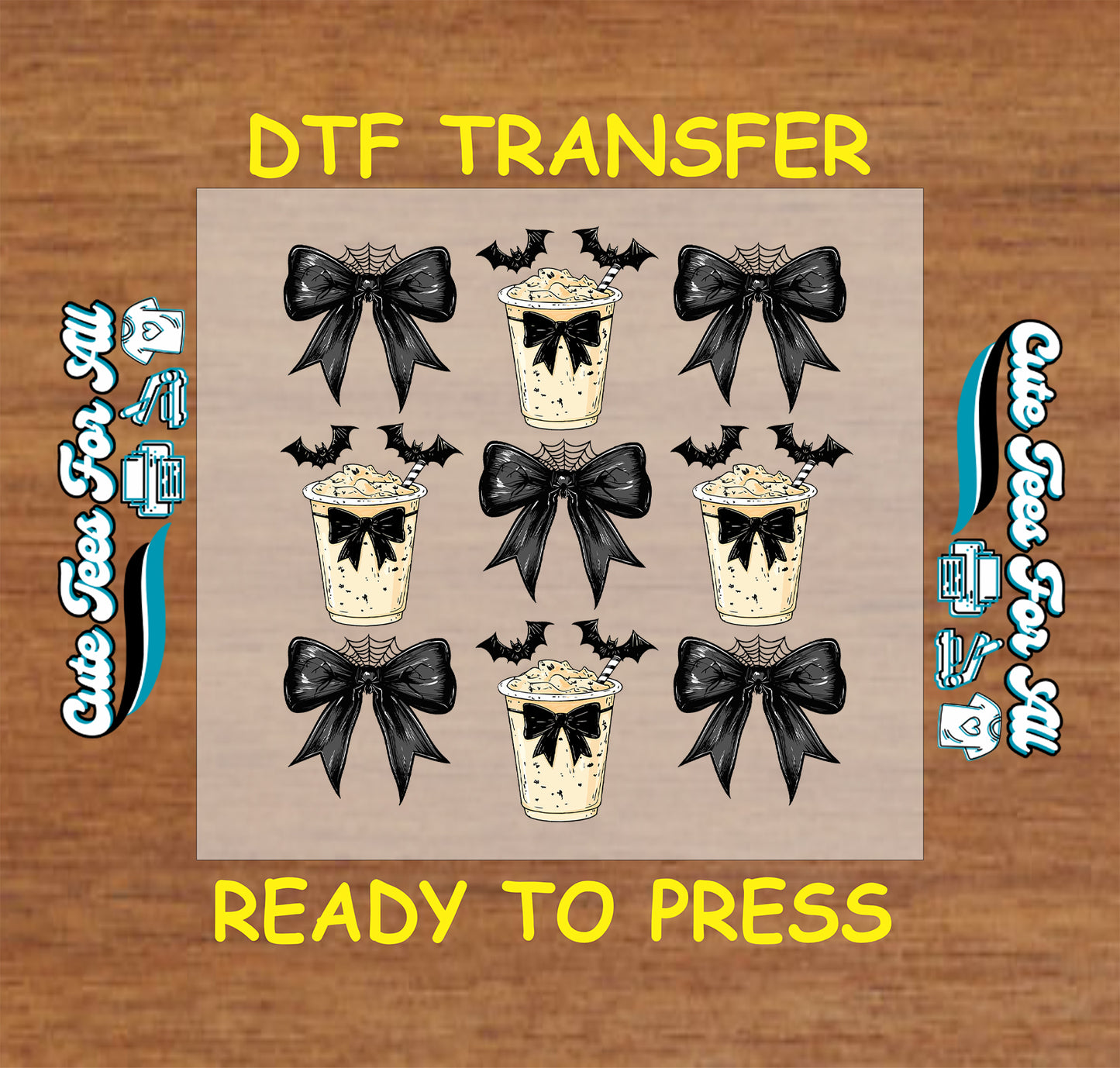 Halloween coffee cup with whipped cream, black bow, bats and spider web ready to press DTF transfer for DIY shirts