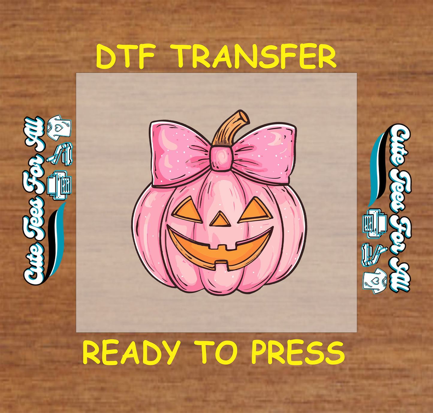 Pink jack o’lantern pumpkin with bow Halloween ready to press DTF transfer for DIY shirts