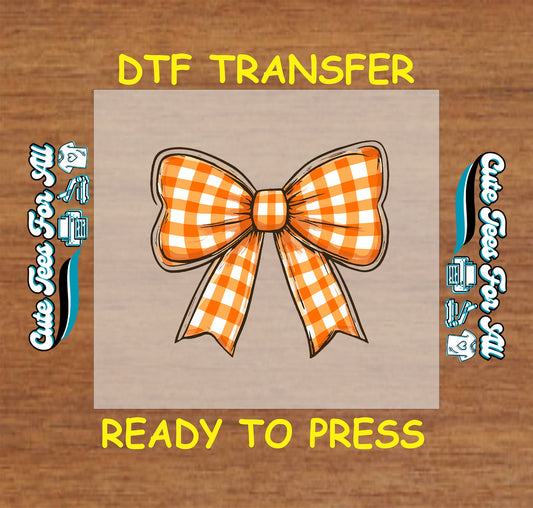 Fall orange gingham plaid bow ready to press dtf transfer