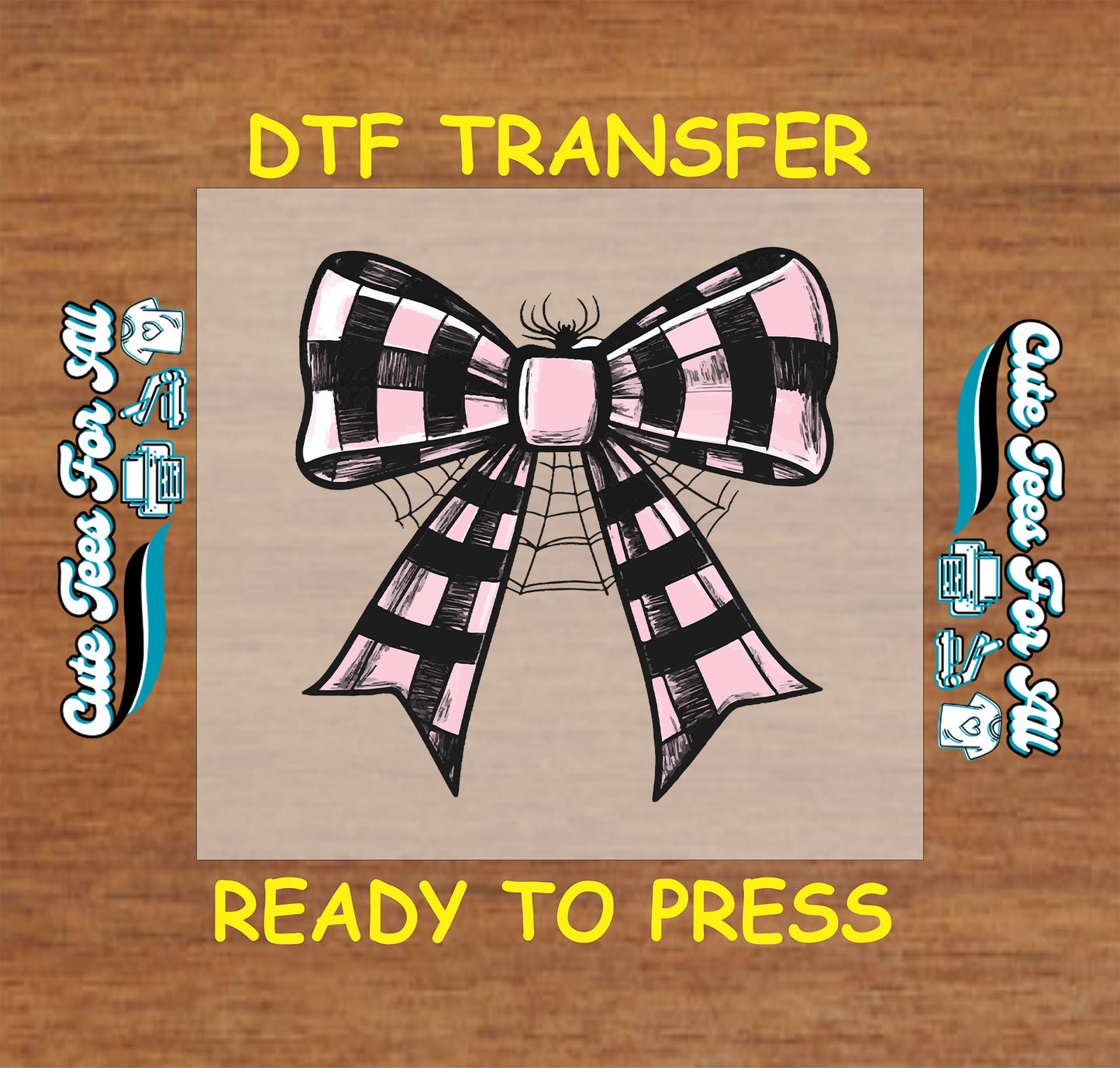 Halloween pink and black checkered bow with spider and web ready to press dtf transfer
