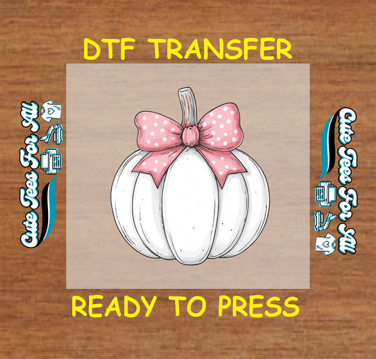 Fall white pumpkin with pink polka dot bow ready to press dtf transfer