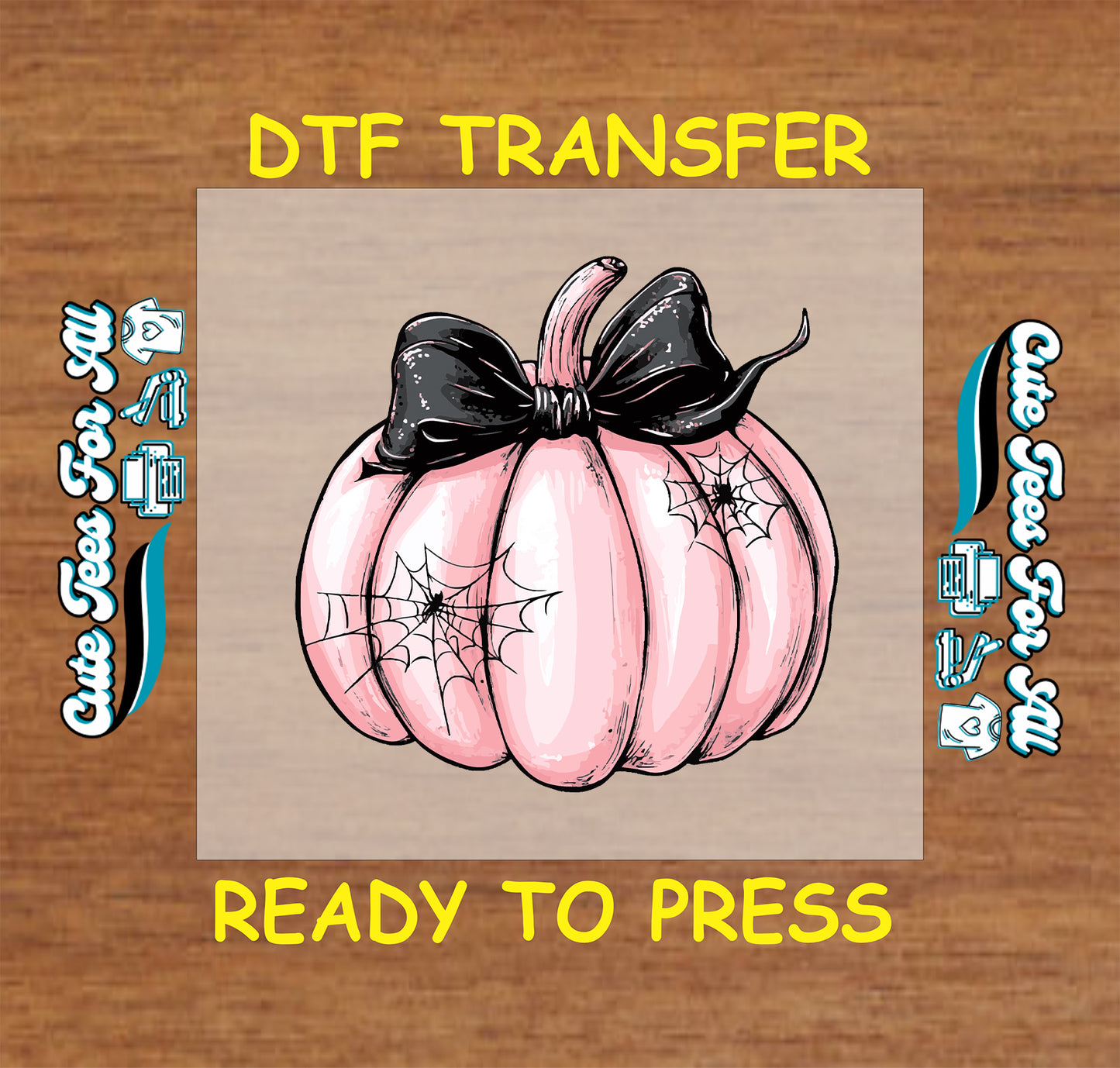 Halloween pink pumpkin with spiderwebs and black bow ready to press dtf transfer