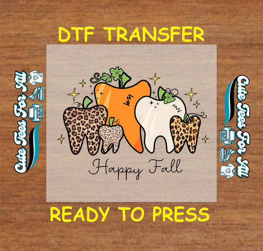 Happy Fall tooth pumpkins with leopard print ready to press DTF transfer for DIY shirts