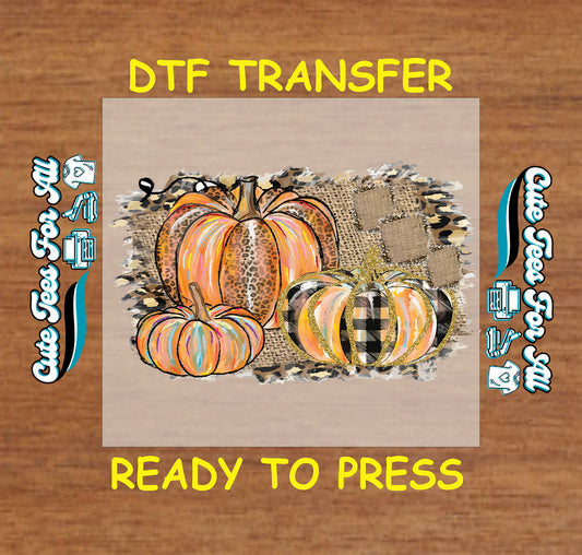 Leopard and buffalo plaid pumpkins on burlap ready to press fall DTF transfer for DIY shirts