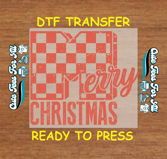 Christmas DTF transfer with buffalo plaid Merry Christmas text, ready to press heat transfer for DIY shirts.
