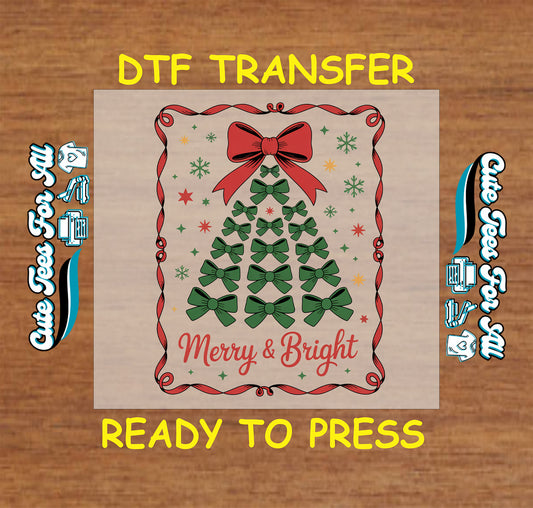Christmas DTF transfer Merry & Bright bow tree with red bow and festive border, ready to press heat transfer for DIY shirts.
