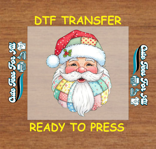 Christmas DTF transfer Santa Claus patchwork face with quilt hat, ready to press heat transfer for DIY shirts.