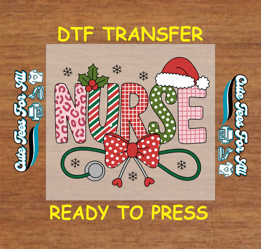 Christmas nurse DTF transfer with festive letters, Santa hat, bow, stethoscope, ready to press heat transfer for DIY shirts.