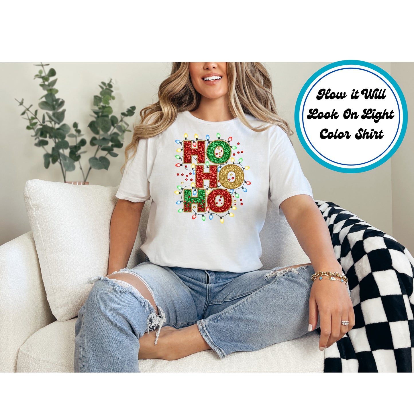Christmas DTF Transfer – Ho Ho Ho Glitter Lights Holiday Letters Ready to Press Iron On Heat Transfer for DIY Shirts 11561