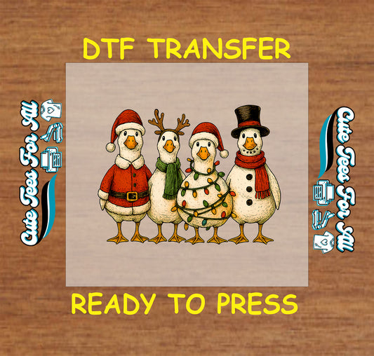 Christmas DTF transfer with four festive geese in Santa, reindeer, snowman, and light costumes, ready to press heat transfer for DIY shirts.