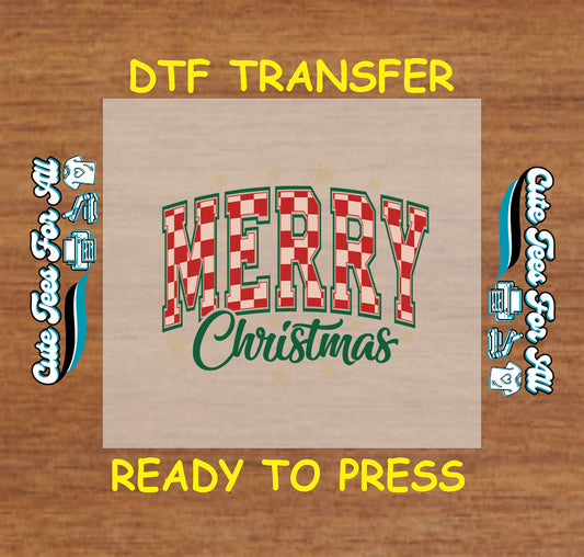 Merry Christmas red plaid lettering ready to press dtf transfer with snowflakes