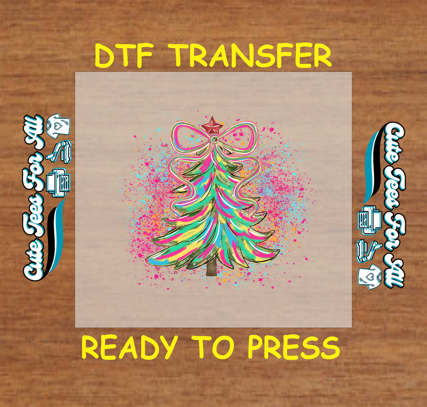 Colorful Christmas tree with bow and splatter background ready to press dtf transfer