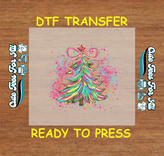 Colorful Christmas tree with bow and splatter background ready to press dtf transfer