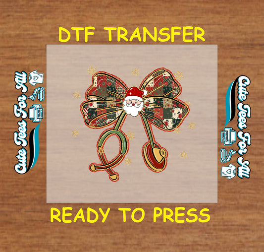 Christmas dtf transfer with stethoscope bow, Santa face, patchwork pattern, ready to press dtf