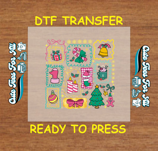 Christmas ready to press DTF transfer with gifts, ornaments, stockings, bells, candles, tree, candy canes, and festive icons