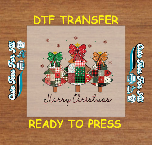 Christmas DTF transfer with three patchwork trees, bows, stars, and “Merry Christmas” text, ready to press iron on heat transfer for DIY shirts.