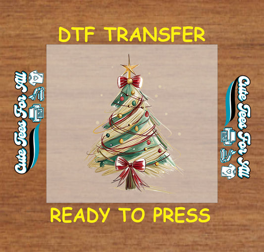 Christmas DTF transfer with elegant decorated tree, red bows, ornaments, and golden star, ready to press iron on heat transfer for DIY shirts.
