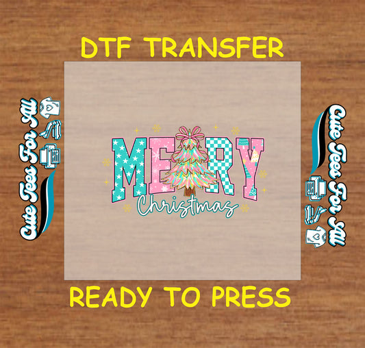 Christmas DTF transfer with pastel “Merry Christmas” text, pink bow tree, and teal checkerboard accents, ready to press iron on heat transfer for DIY shirts.
