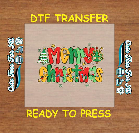 Christmas DTF transfer with colorful retro “Merry Christmas” letters, holiday trees, stars, and ornaments, ready to press iron on heat transfer for DIY shirts.