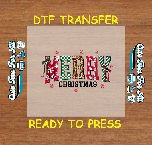 Christmas DTF transfer with patterned “Merry Christmas” letters in plaid, leopard, and snowflakes, ready to press iron on heat transfer for DIY shirts.