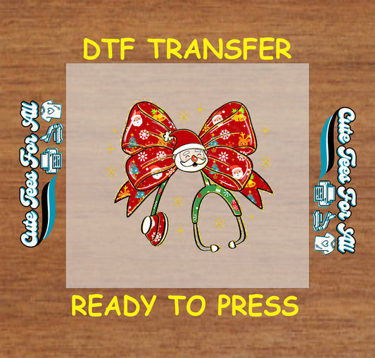 Christmas nurse DTF transfer with festive red bow, Santa face, stethoscope, and snowflakes, ready to press iron on heat transfer for DIY shirts.
