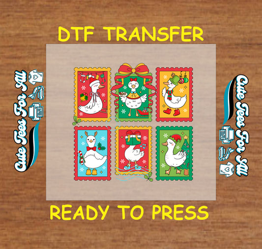 Christmas DTF transfer with six festive geese in holiday outfits styled as postage stamps, ready to press iron on heat transfer for DIY shirts.