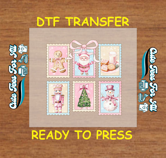 Christmas DTF transfer with pastel retro stamps featuring Santa, tree, nutcracker, snowman, gingerbread, and milk & cookies, ready to press dtf