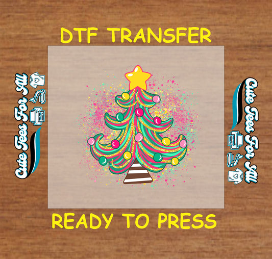 Christmas DTF transfer with colorful retro Christmas tree, star topper, and splatter background, ready to press dtf heat transfer for diy shirts