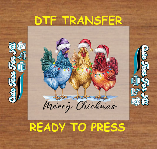 Christmas DTF transfer with three chickens in Santa hats and lights and phrase Merry Chickmas, ready to press dtf heat transfer for diy shirts