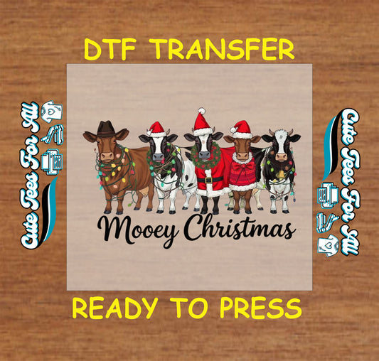 Christmas DTF transfer with festive cows in Santa hats and Christmas lights and phrase Mooey Christmas, ready to press dtf heat transfer for diy shirts
