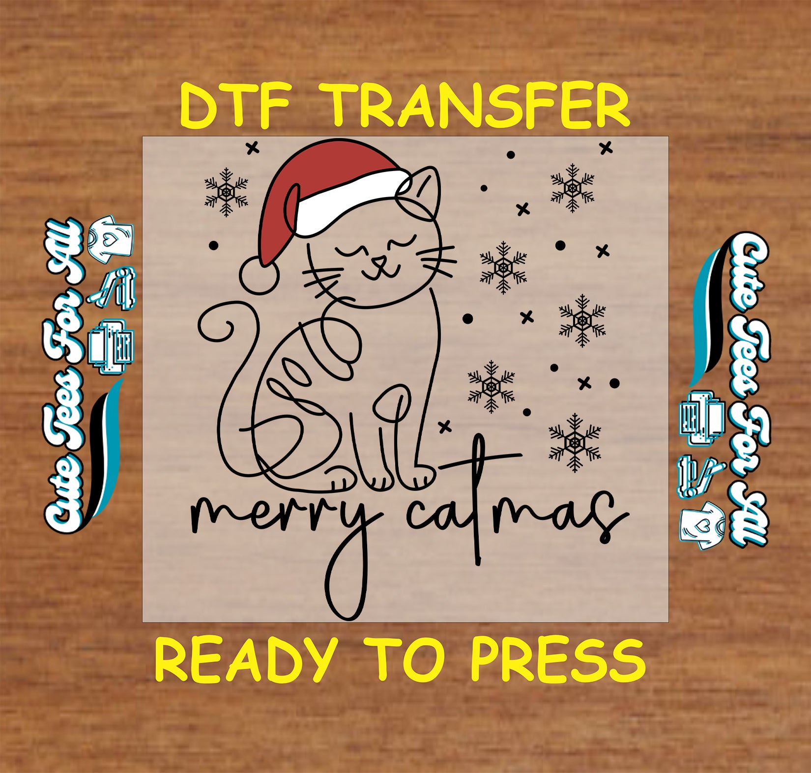 Christmas ready to press DTF transfer with "Merry Catmas" text, cat in Santa hat, and snowflakes.